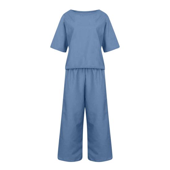 2 Pcs/Set Women Top Pants Set Round Neck Solid Color Short Sleeves T-shirt Adjustable Waist Wide Leg Trousers Casual T-shirt Trousers Set