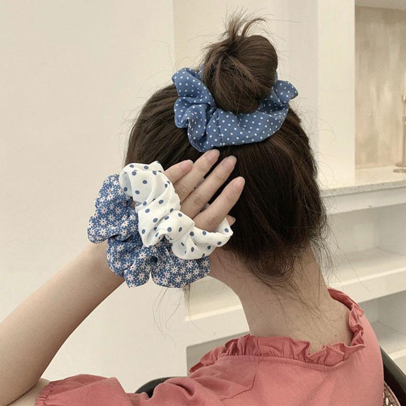 Korea Women Hair Scrunchie Blue Plaid Dot Elastic Hair Bands Stretchy Hair Ties Summer Ponytail Holder Girls Hair Accessories