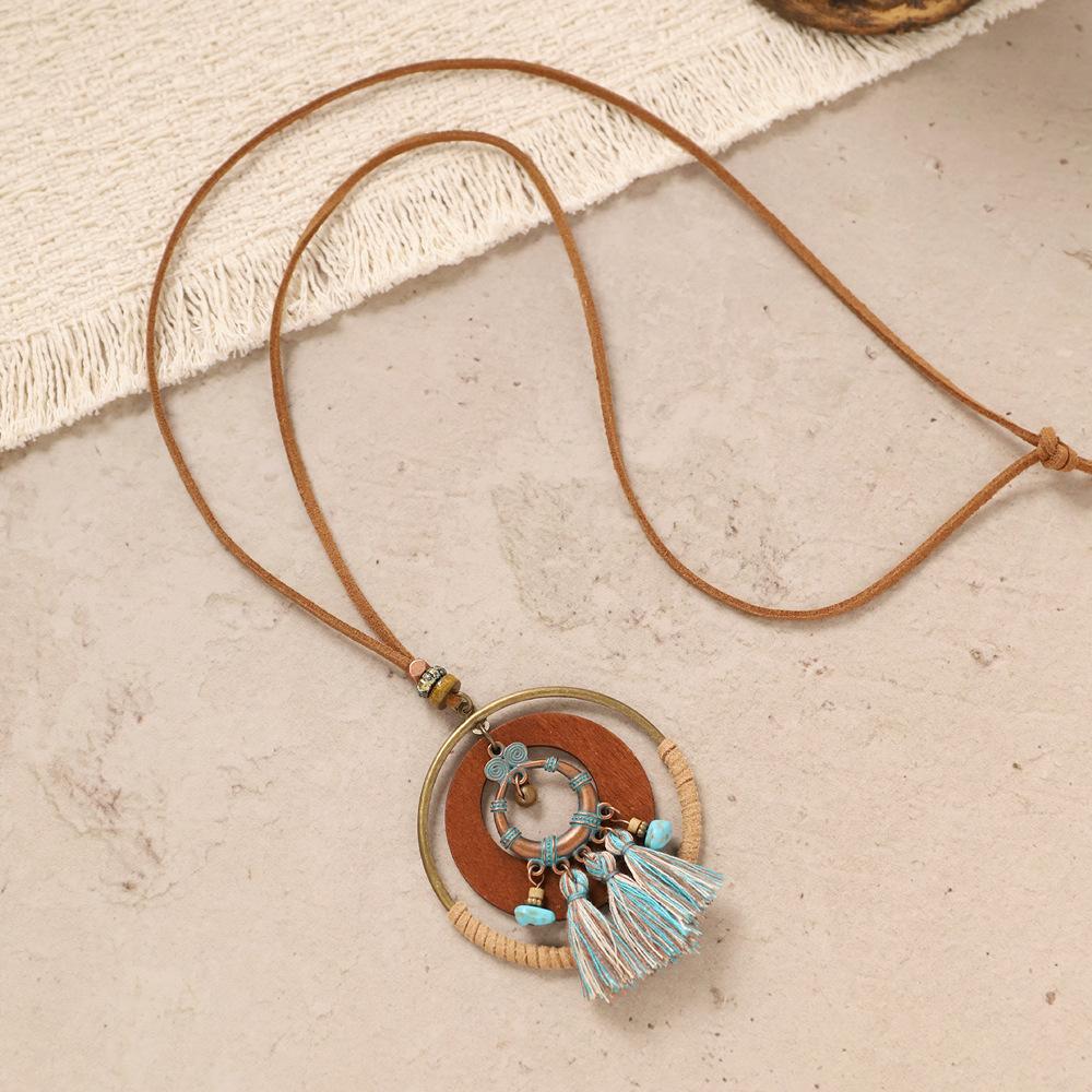 Bohemian style long necklace, vintage ethnic style knitted sweater chain accessory
