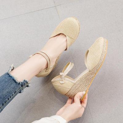 Женские универсальные летние босоножки на танкетке в корейском стиле: Дышащие туфли на высоком каблуке с одним ремешком для моды и путешествий.