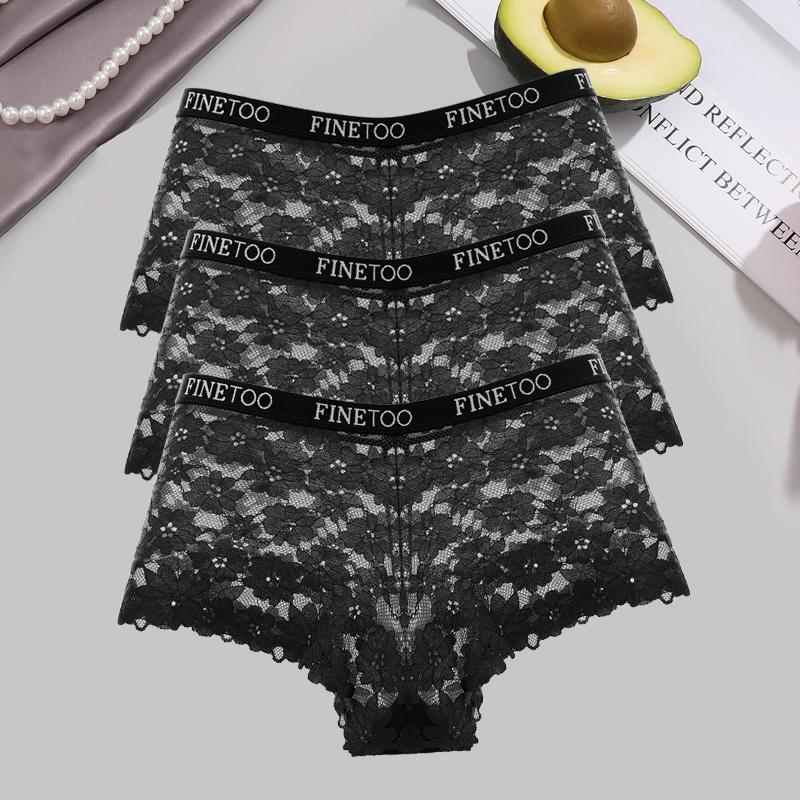 3Pcs Lace Hollow Out Boyshorts Women's Sexy Floral Panties 5 Solid Colours Underwear Letter Belt Briefs Perspective Lingerie