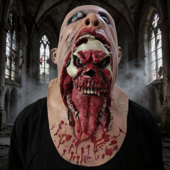 Comfortable Horror Mask Halloween Skull Latex Mask, Tongue Sticking-Out Full Head Adult Masquerade for Cosplay Party Costume Props Spooky