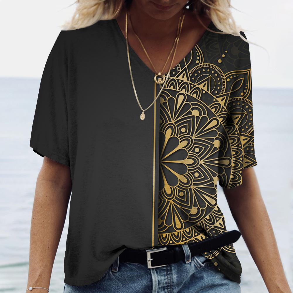 2023 Новая женская одежда, летняя футболка с принтом, топы с короткими рукавами и градиентом мандалы, пуловер с v-образным вырезом, футболки, повседневная уличная одежда, большие размеры 5XL