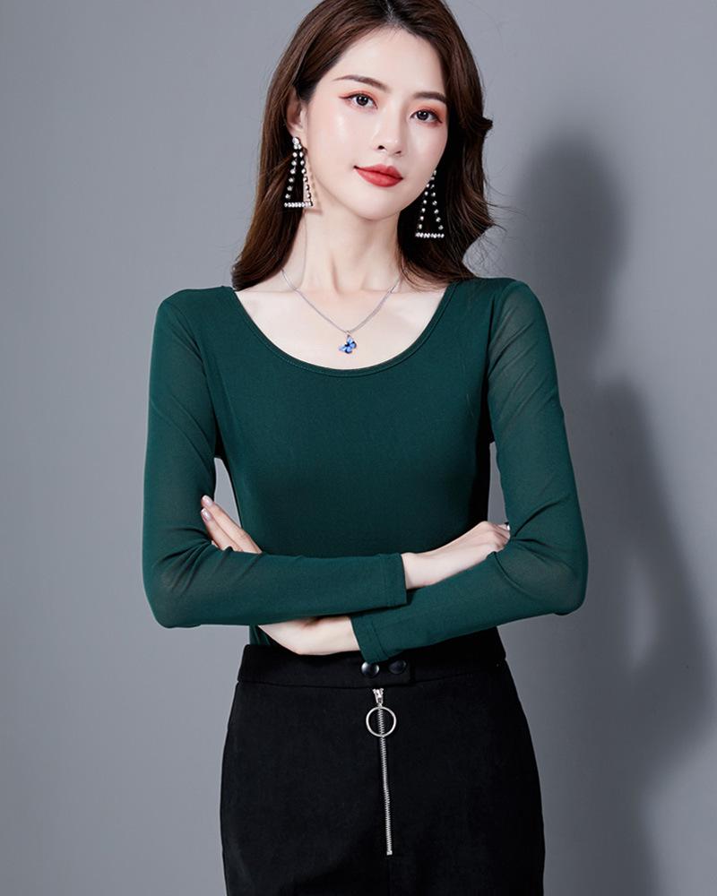 Korean Mesh Print Temperament Women's Mesh Bottom Women's Long Sleeve T-shirt Inner Shirt Glitter Silk Top Comfortable High Quality Unique Clothes