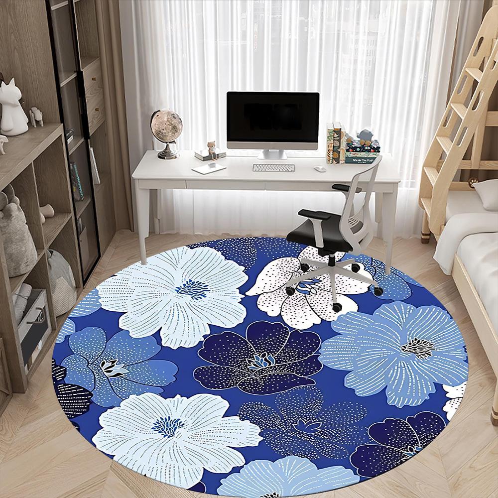 1pc Floral Blue Office Round Area Rug, Mat Suitable For Office, Under Office Chairs Bedroom Living Room Home Decor, Room Deco