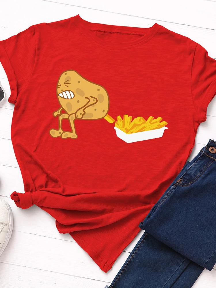 Funny Potato Fries Print WoUnisex T Shirt Short Sleeve O Neck Loose WoUnisex Tshirt Ladies Tee Shirt Tops Clothes Camisetas Mujer