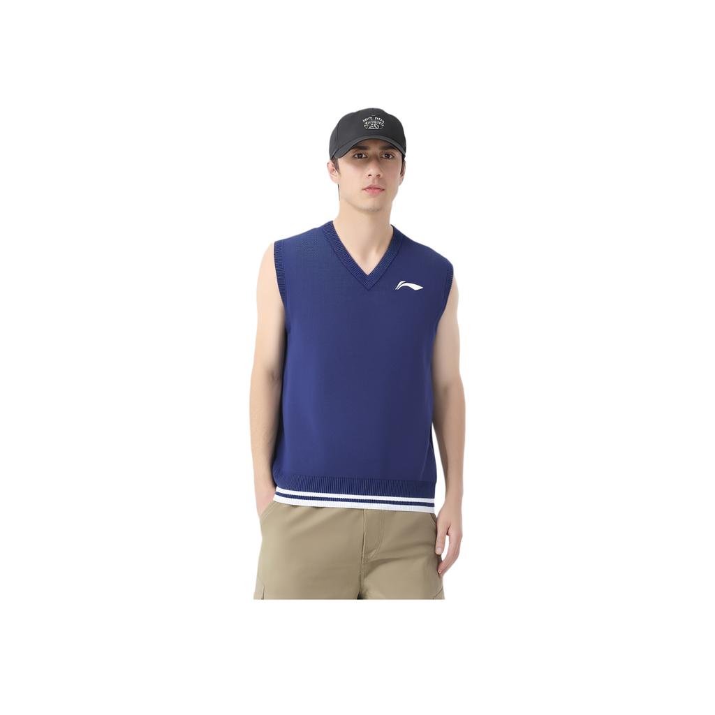 Li Ning Badminton Series Logo Print V-Neck Fashion Simple Pullover Knit Sweater Unisex Sweater Deep-Navy AMVU045-3