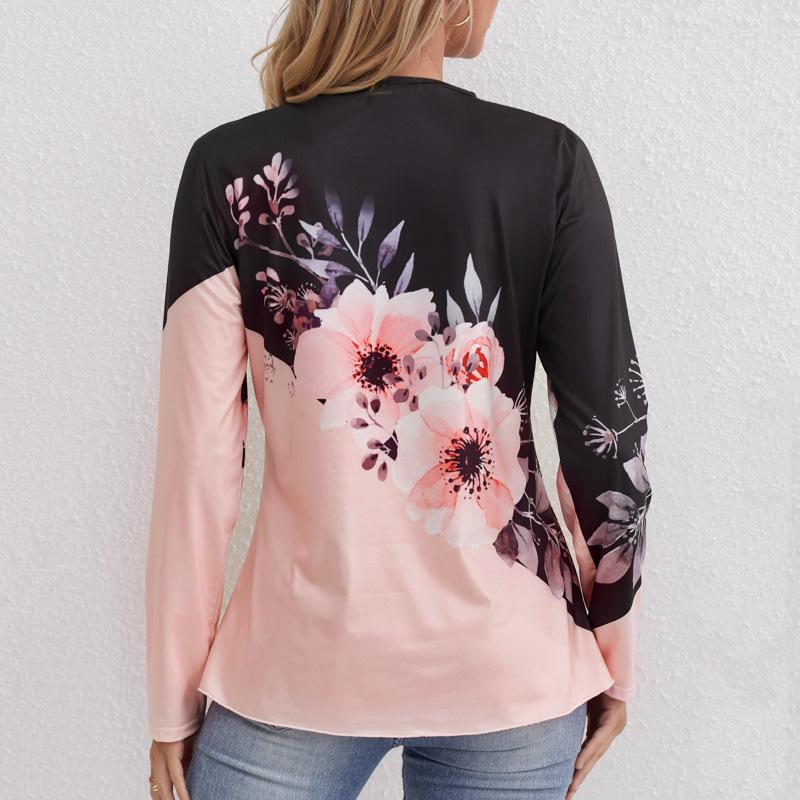 Женская повседневная футболка с цветочным принтом, круглым вырезом и длинными рукавами, на осень 2024 года
