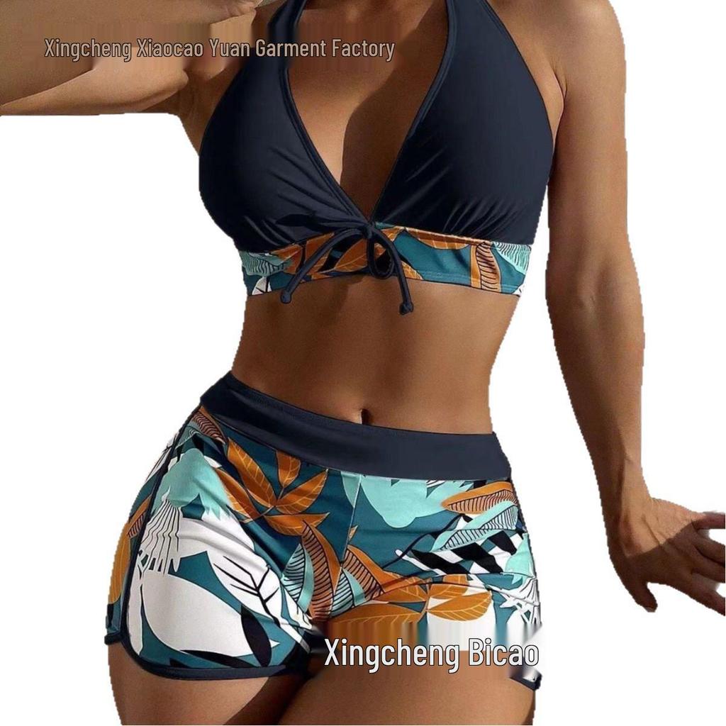 2025 Women's Fashion Halter Deep V Tie-Up Two-Piece Swimsuit Set with Printed Shorts