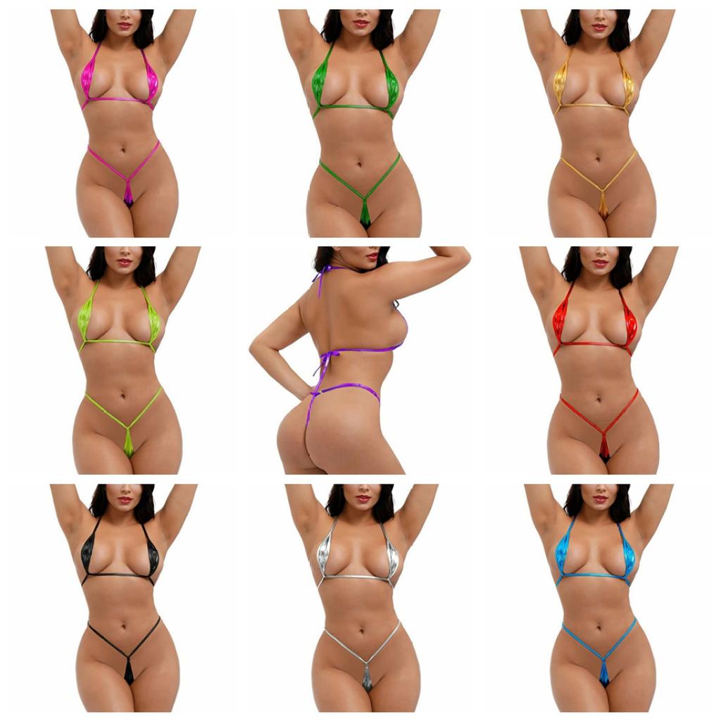 Женский глянцевый микро-бикини, комплект нижнего белья, костюм для вечеринки у бассейна, купальник, бюстгальтер, топ с стрингами