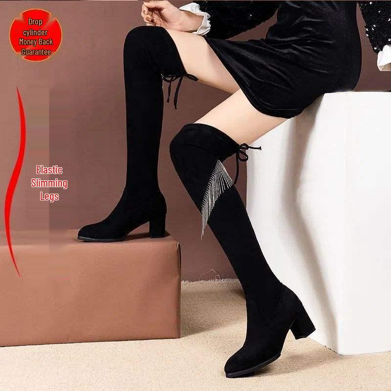 Женские замшевые ботфорты с кисточками из страз - Осень 2025 Облегающие ботинки на толстом каблуке с высоким голенищем