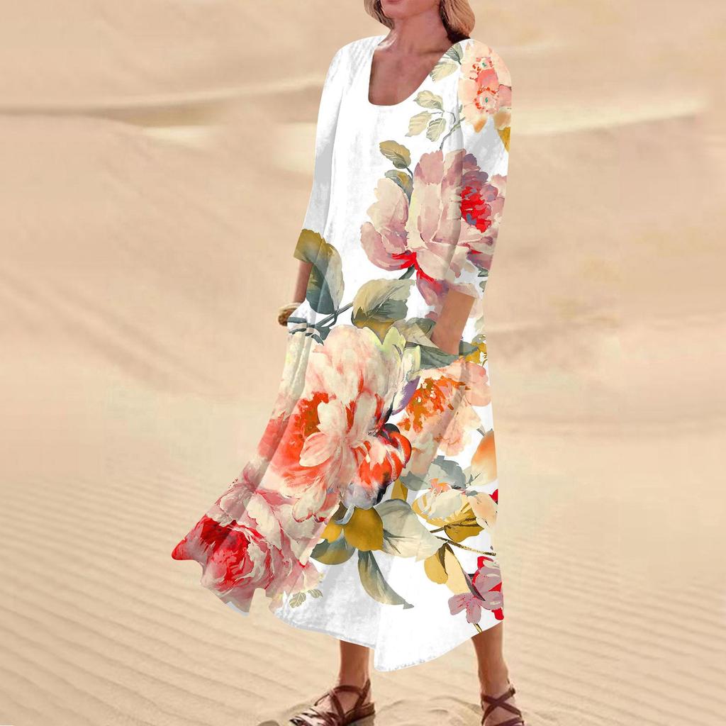 Женское повседневное удобное хлопковое карманное платье с цветочным принтом и рукавами три четверти