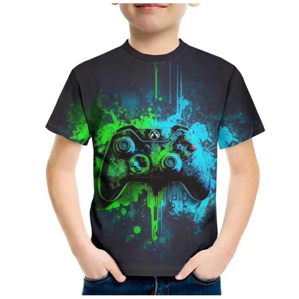 Kids Gamepad With Color Paint 3D Print Boy's T-shirt Crew Neck Short Sleeve T-shirt For Boy Casual Top For Summer Cool T Shirt