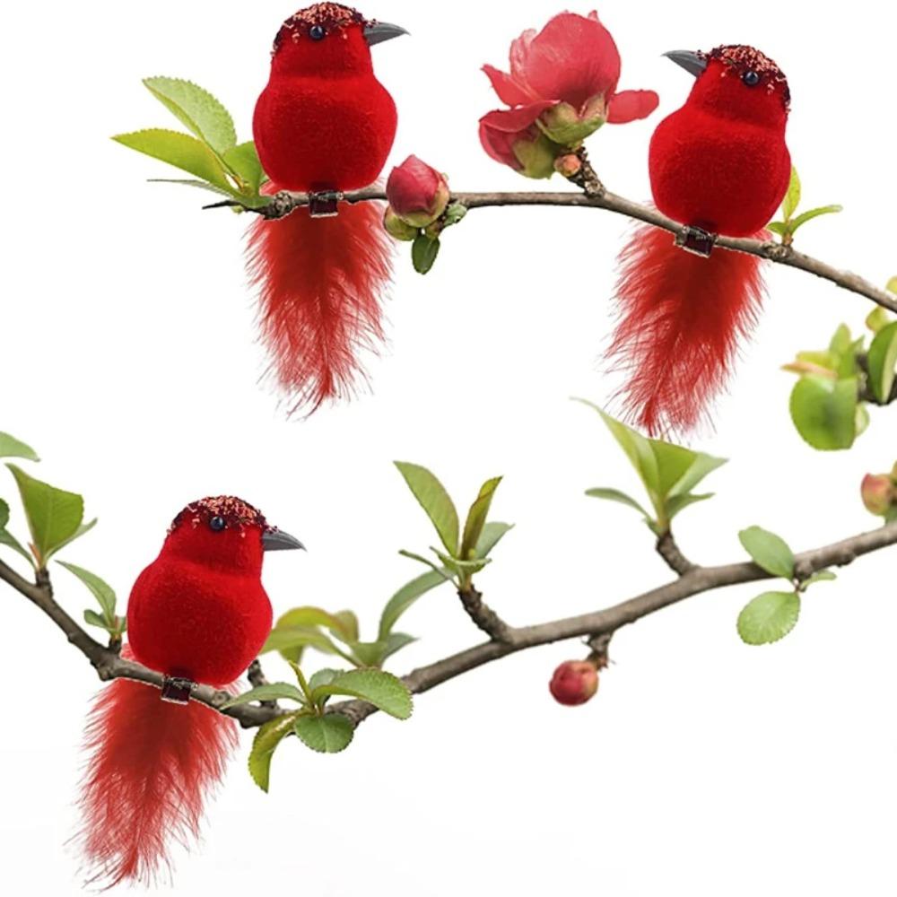 2Pcs Clip-On Artificial Red Birds with Glitter Feather Simulation Feather Birds Home