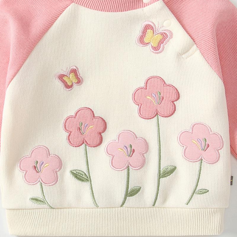 2025 Autumn Pink Floral Girls' Long Sleeve Sweatshirt & Joggers Two-Piece Set