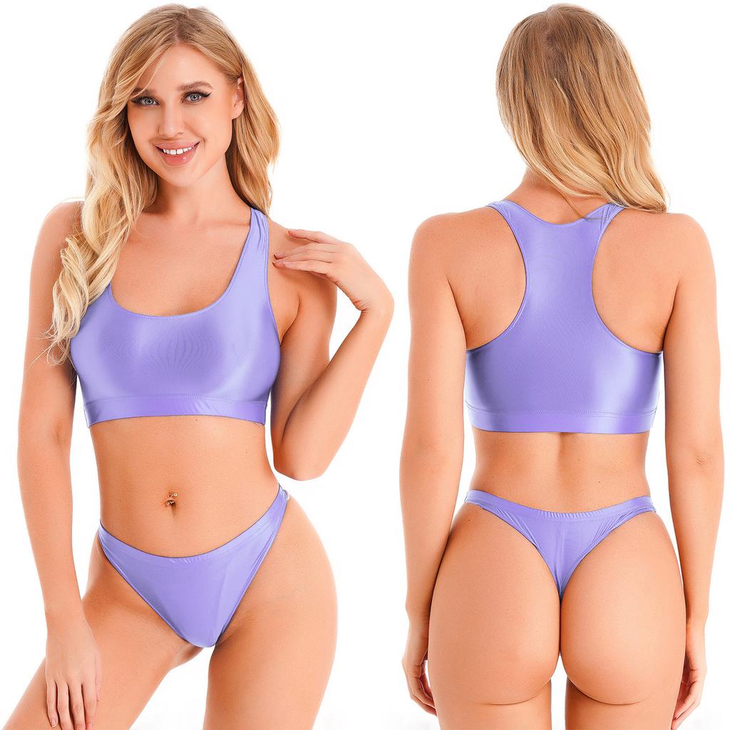 Dámské lesklé bez rukávů tílko s U výstřihem a kalhotky s nízkým pasem sportovní fitness plavkový set