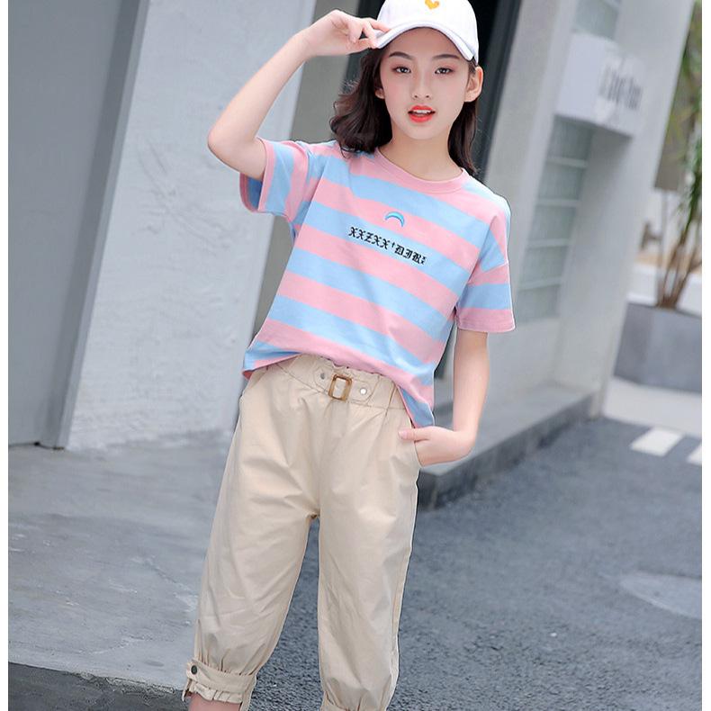 Модный спортивный костюм для девочек 2024: Модный комплект из двух предметов нового стиля для детей постарше - Летняя одежда с короткими рукавами