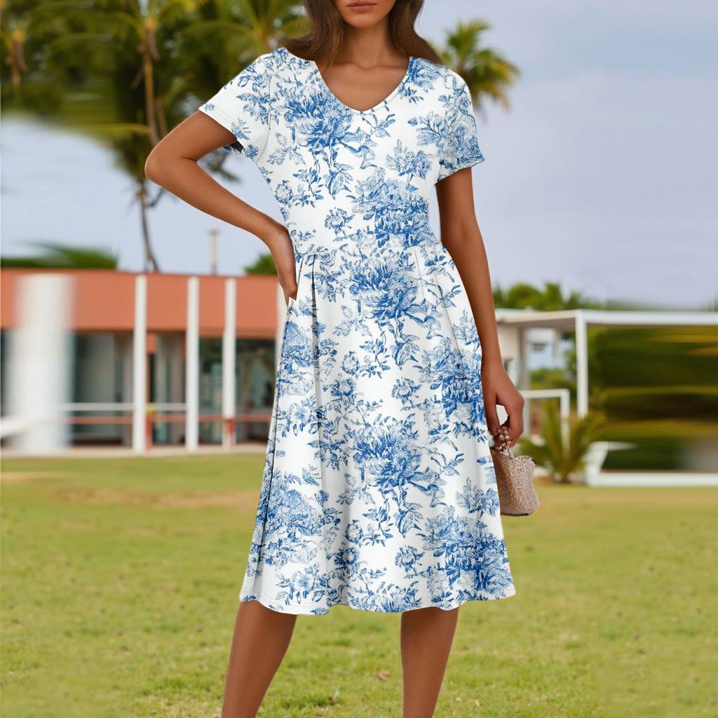 Ladies Summer Fashion Casual Floral Print V-Neck Short Sleeve Pocket Dress