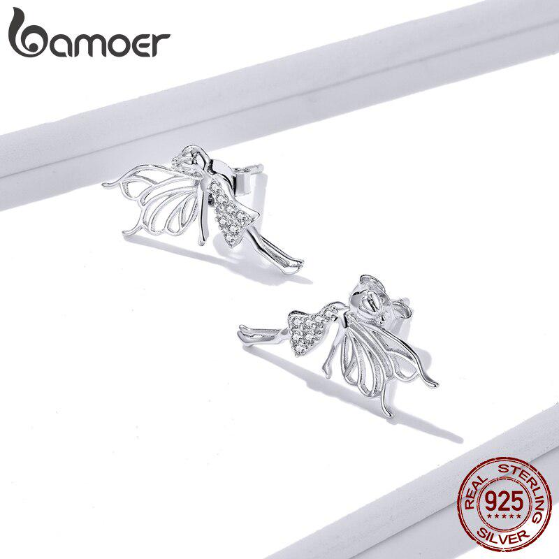 Серьги-гвоздики BAMOER «Танцующая фея с крыльями», ювелирные изделия из серебра 925 пробы для женщин, гипоаллергенные заколки для ушей