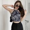 Women Retro Print Halte Bandage Slim Exposure Navel Camisole Tank Tops