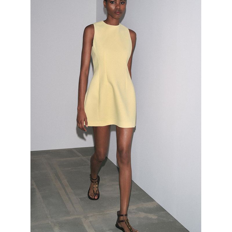 Summer New Product Women's Clothes French Pleated Design Hem Fluffy Round Neck Short Sleeveless Dress 3123281