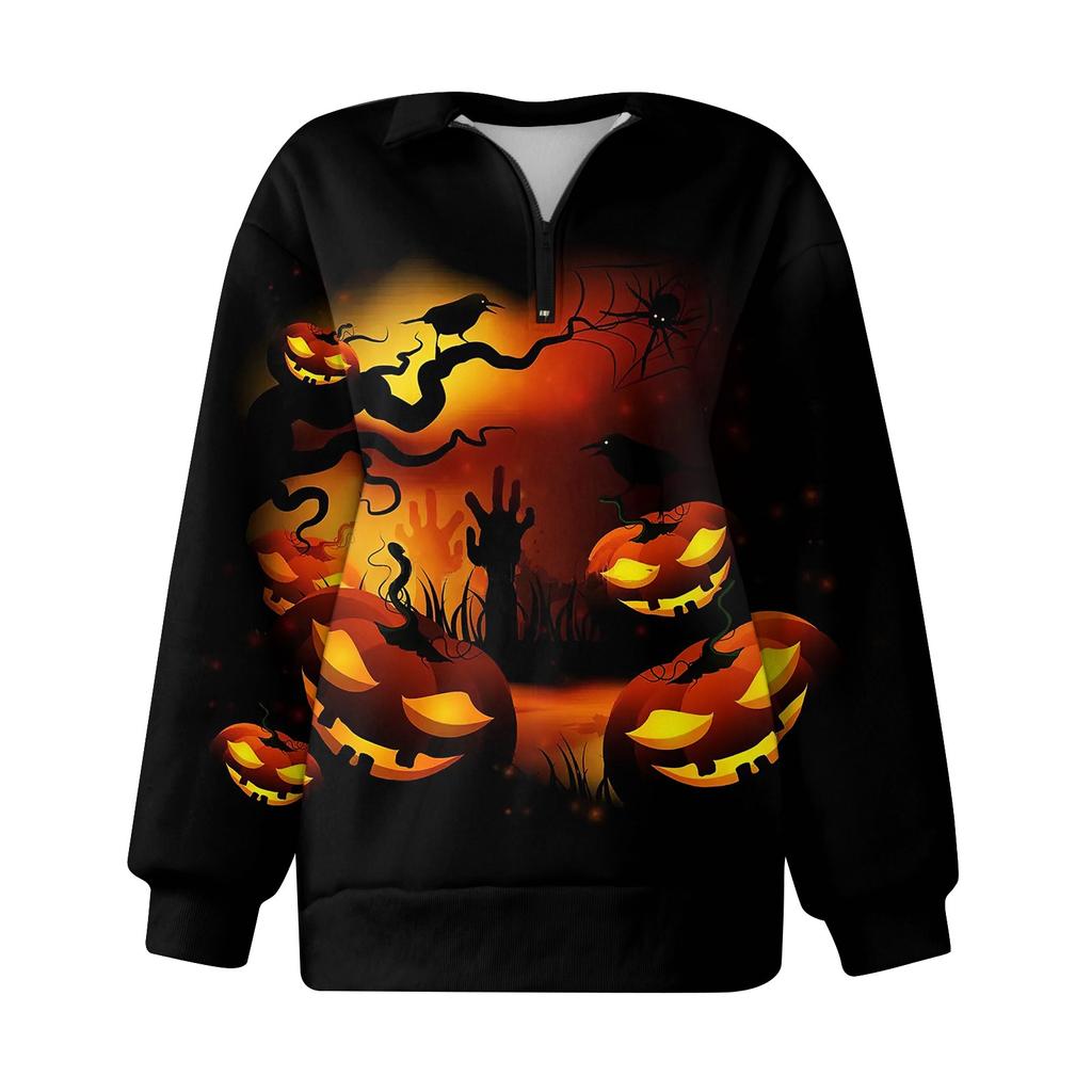 Women's Fashion Casual Long Sleeve Halloween Printed Zipper Turtleneck Drop Shoulder Sweatshirt Top
