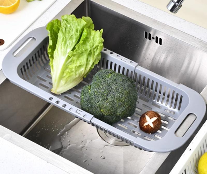 Kitchen Retractable Drain Basket Tableware Storage Racks Fruits Vegetables Cleaning Basin Plastics Water Channel Drain Basket