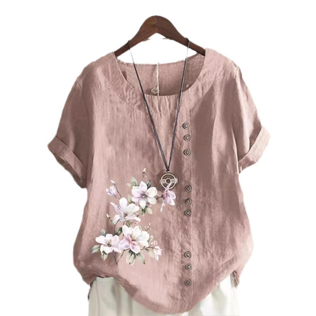 Women's Cotton Linen Round Neck Short Sleeve With Button Tops Printed T-shirt