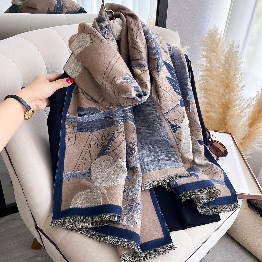 Women's Autumn & Winter Elegant Double-Sided Print Pashmina Scarf - Warm Fringed Shawl, Outdoor Cold-Resistant Windproof Blanket