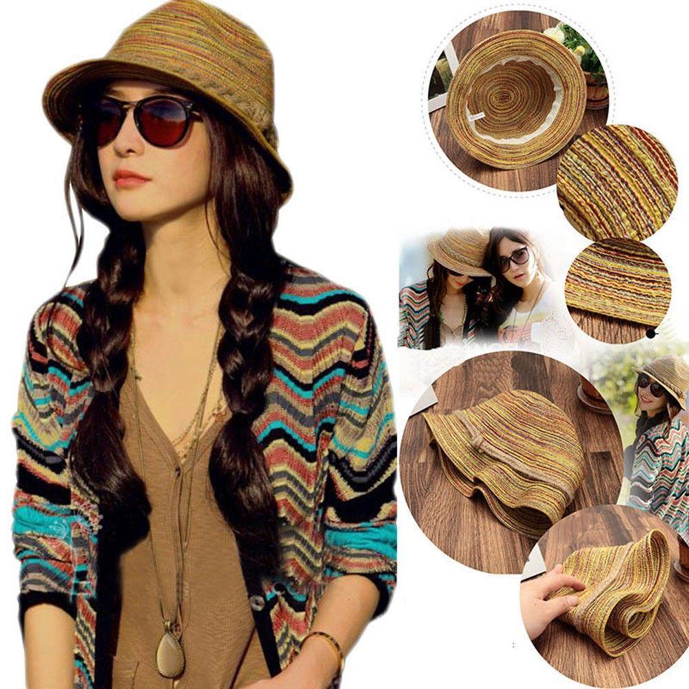 Cute Lady Colorful Women Panama Summer Sun Beach Striped Foldable Straw Hat