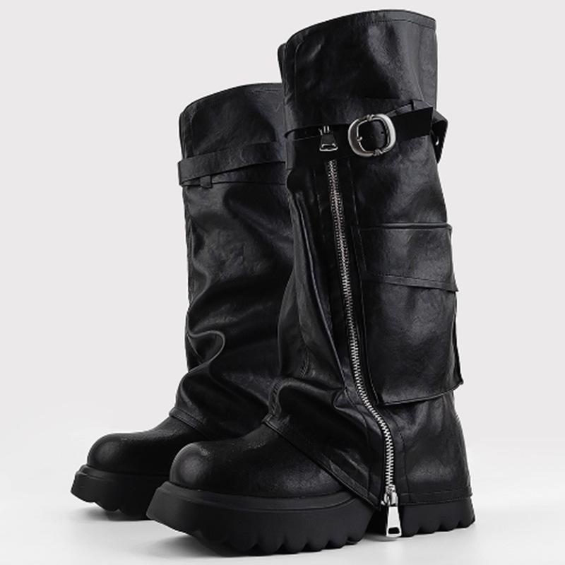 Black Thick-soled Pocket Trouser Boots Women's Winter 2025 New Fried Street V-mouth Fashion Boots Women's Thin Knight Boots