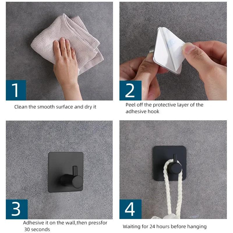 4Pcs Stainless Steel Bathroom Robe Hooks Adhesive Wall Hook Towel Holder Bathroom Kitchen Hardware Multi-Purpose Hanger Hook