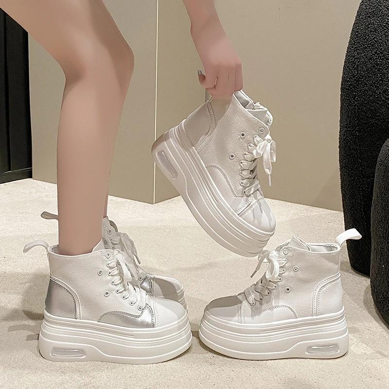 Latest High Top Canvas Shoes for Women Autumn Breathable 8cm Thick Sole Height Increasing Sponge Cake Casual Flat Sneakers Tenis