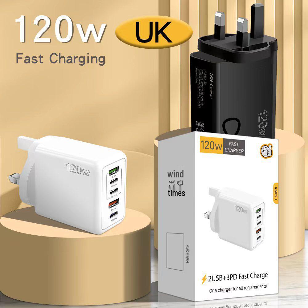 Многопортовое быстрое зарядное устройство 120 Вт, PD+USB, Type-C, EU/US/UK вилка, Совместимо с устройствами Apple.