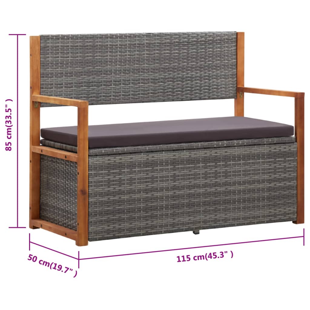 Storage Bench with Storage Space 115 cm Poly Rattan & Solid Acacia Wood Grey