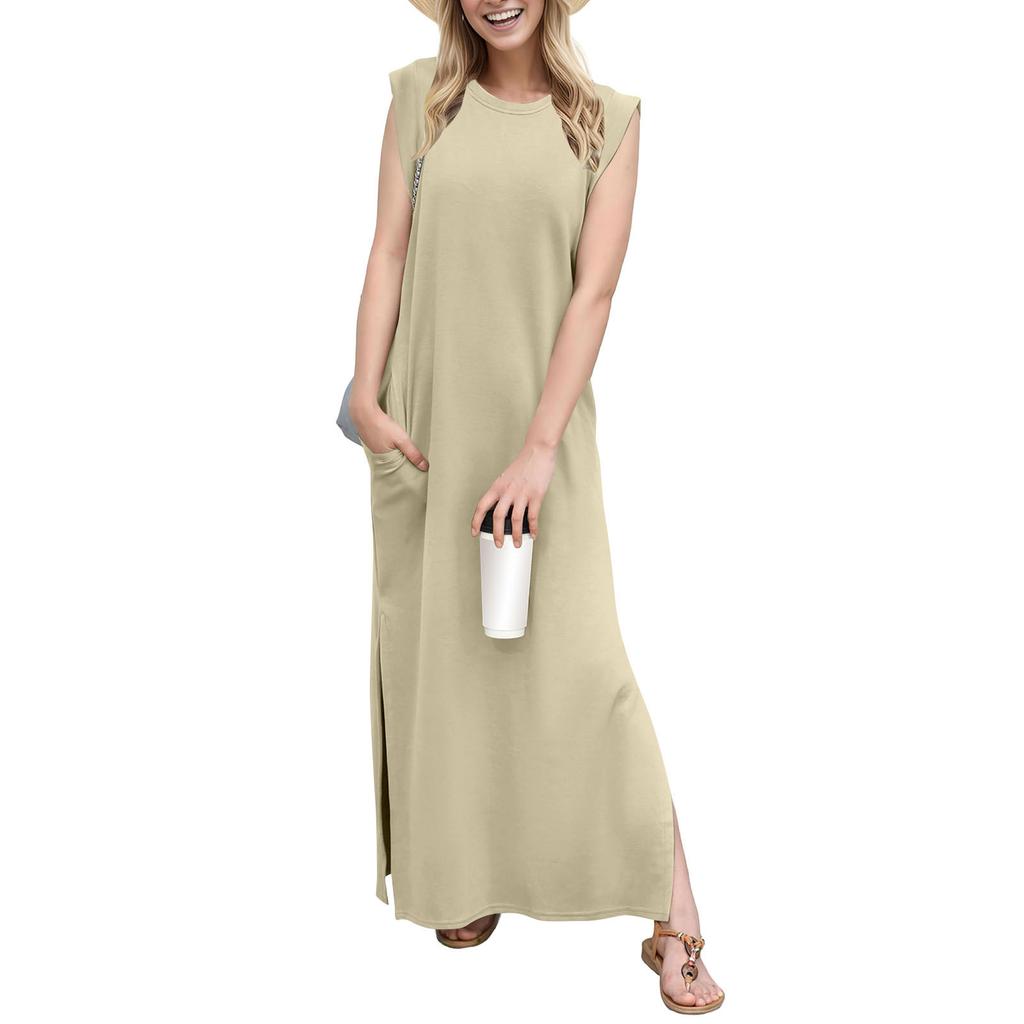 Женское летнее повседневное свободное платье с круглым вырезом и разрезом без морщин, длинное пляжное платье макси с карманами
