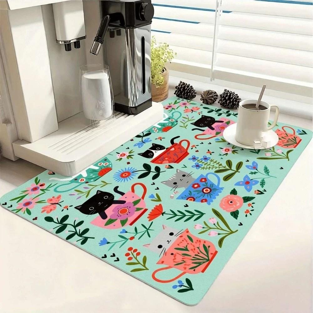 Sweet Kitchen Mat Cat Floral Dish Drying Mat Household Coffee Machine Mat Coffee Bar