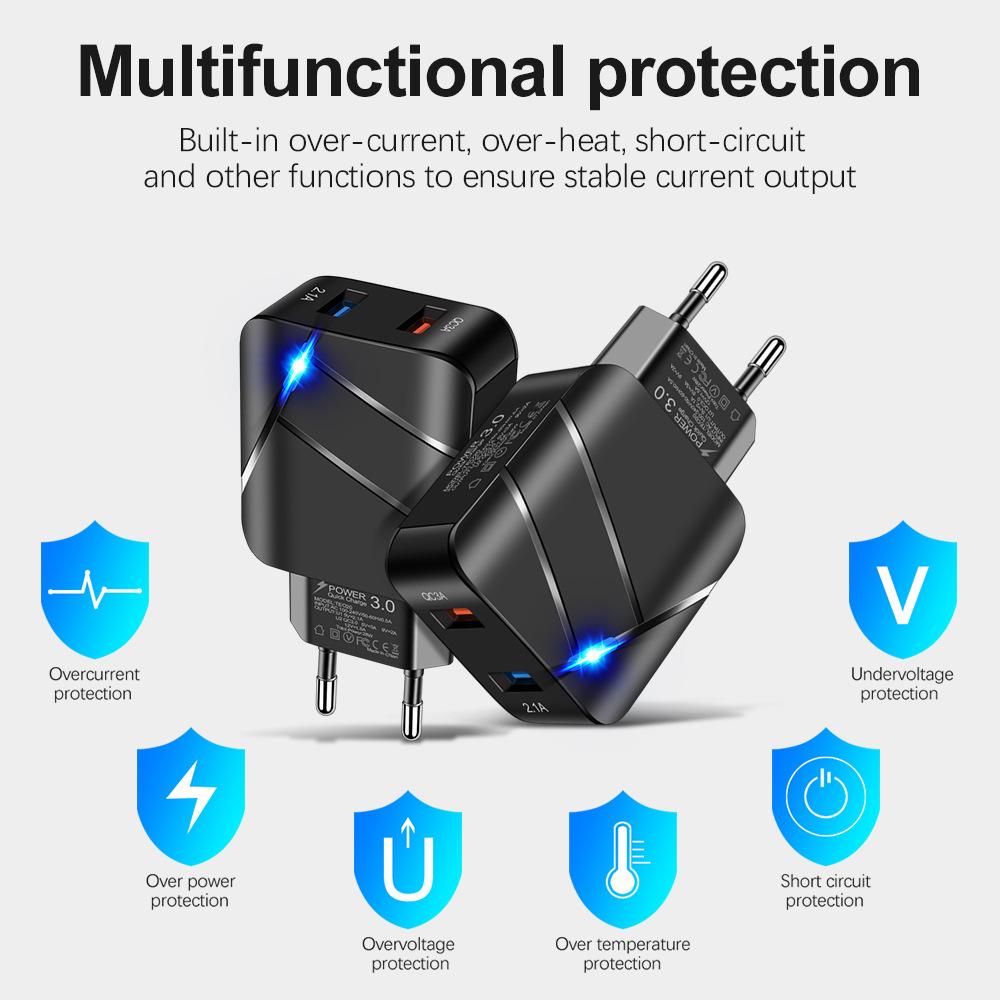 Двухпортовое USB-зарядное устройство: Многопортовое быстрое зарядное устройство QC3.0 и 2.1A, дорожный адаптер, совместимый с US/EU