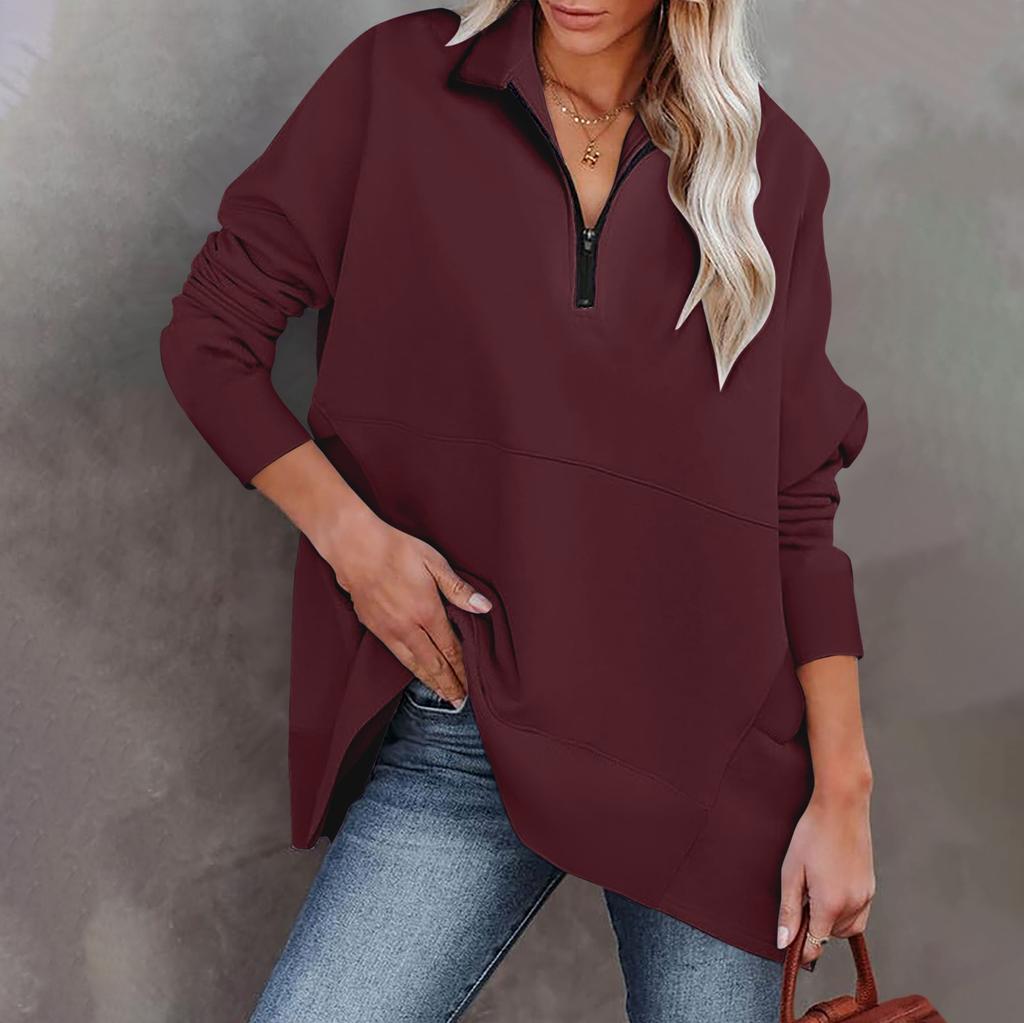 Женская повседневная спортивная рубашка оверсайз на половинной молнии, сплошной цвет с длинными рукавами и карманным пуловером, топ