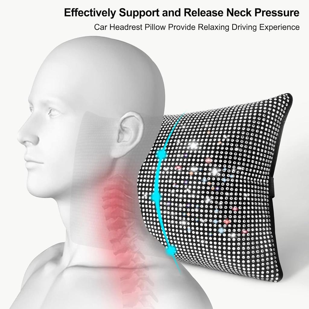 Surpassme 2PCS Rhinestone Car Headrest Neck Pillow For Driving With Bling Bling Crystal Bow Pillow Car Accessories For Women (Silver/White)