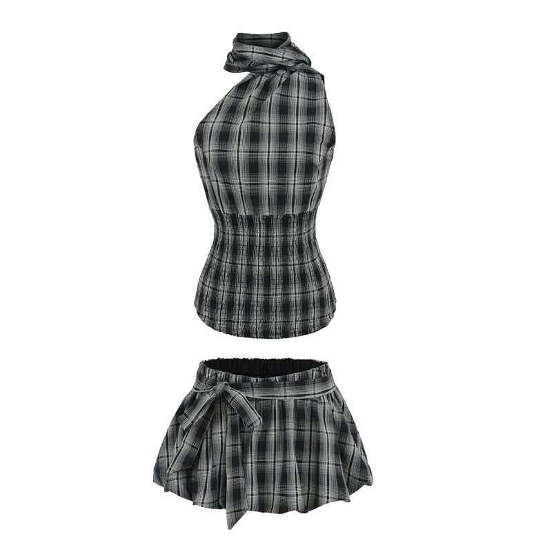 Kaslead New Arrival Women's Clothing Fashion Style Fashion Simple Plaid Halter Top Half-Length Skirt Outfit