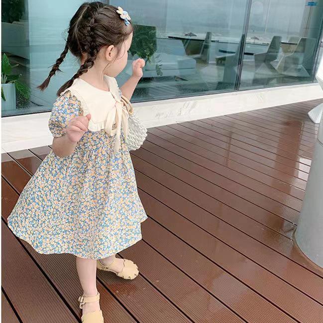 Summer Floral Princess Dress - Short-Sleeved Korean Lapel Style for Girls