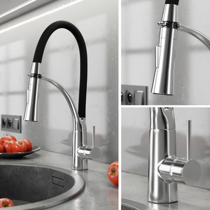 Robinet de cuisine - Noir-Chrome - Flexible - Bec orientable - 1 poignée - Laiton