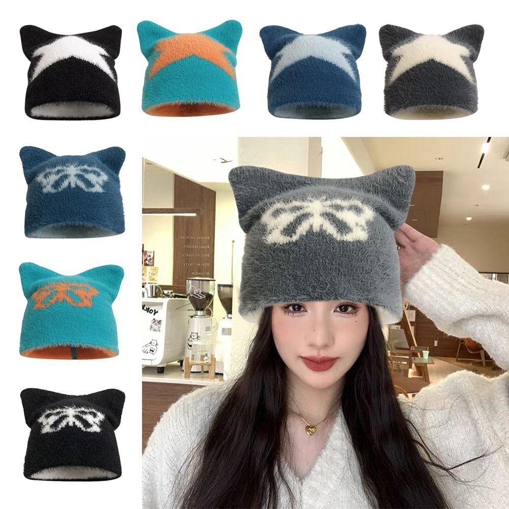 Butterfly Five Pointed Star Cat's Ears Hats Thickened Winter Autumn Pullover Hat Men Women