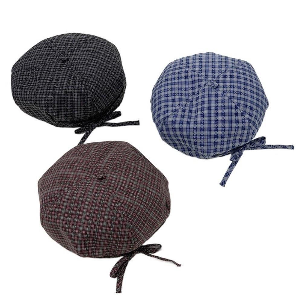 Кепка-берет в клетку в корейском стиле с бантом, женская восьмиугольная кепка, крутая женская шляпа художника, для улицы