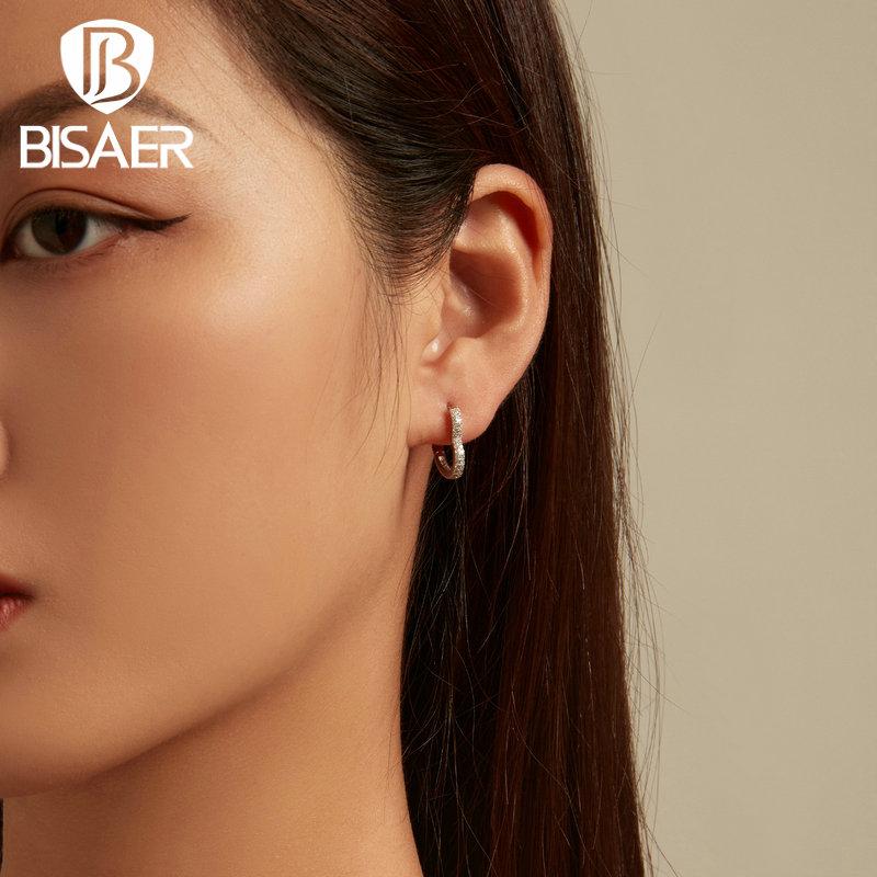 Bisaer 925 Sterling Silver Heart-shaped Ear Buckles Love Hoop Earrings Pave Setting CZ for Women Fine Jewelry Gift