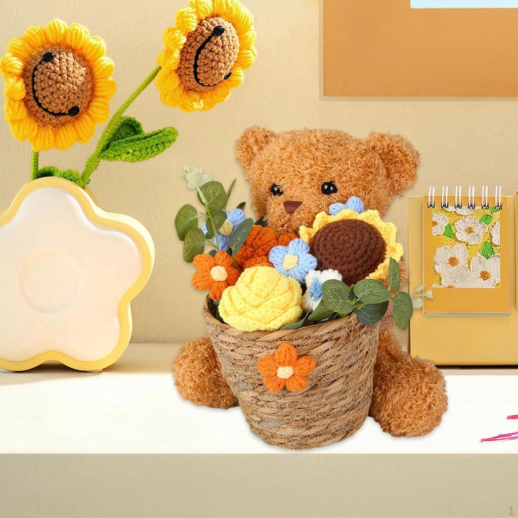 Crochet Flower Bear Knitted Crafts Gifts for Wife Girlfriend Home Decoration Cartoon