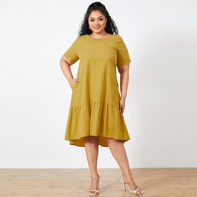 Женское повседневное однотонное платье с коротким рукавом и круглым вырезом