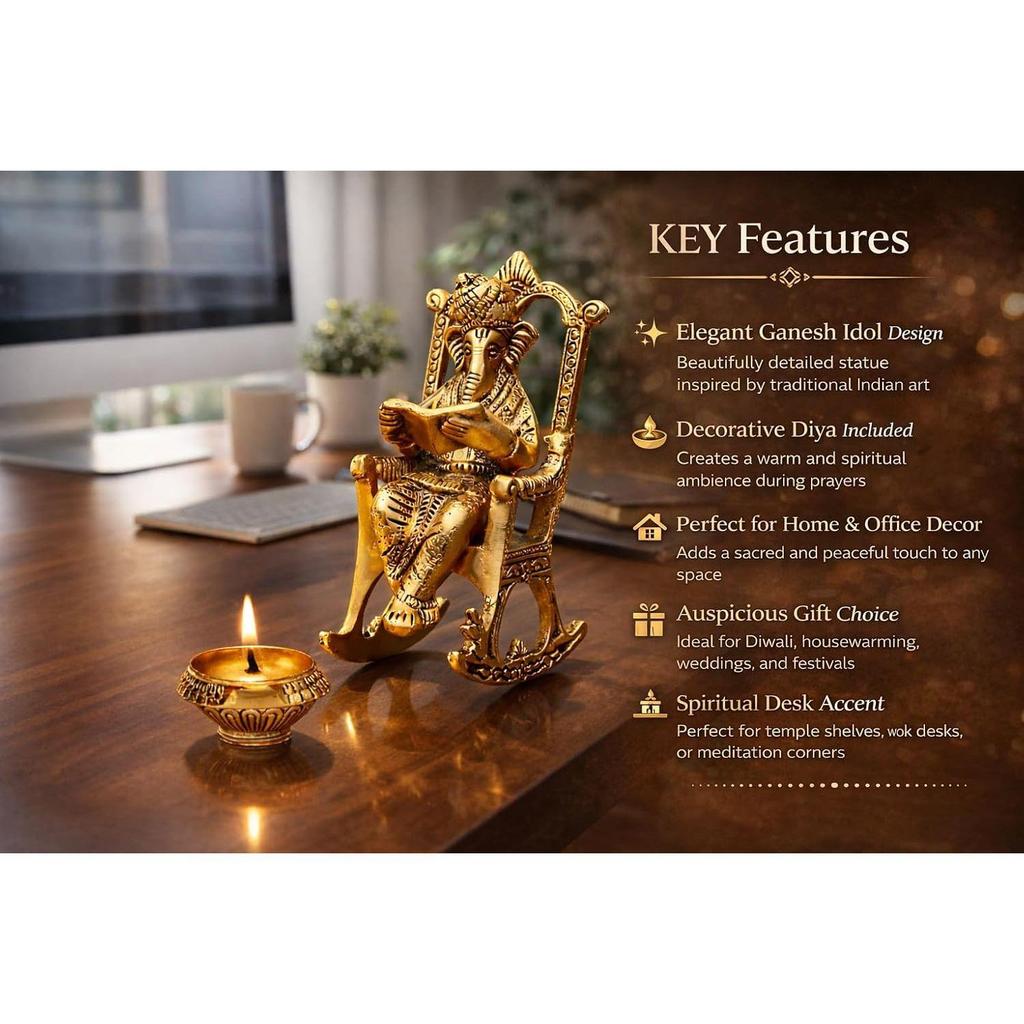 Metal Lord Ganesh Reading Ramayana Statue Ganpati Sitting on Chair with Kuber Diya Idol for Home Office and Gifts Decor Corporate