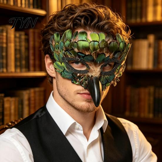 Peacock Feather Face Masque Bird Masque, Mysterious Feathers Eagle Beak Animal Half Decorative Masquerade Costume for Halloween, Mardi Gras,
